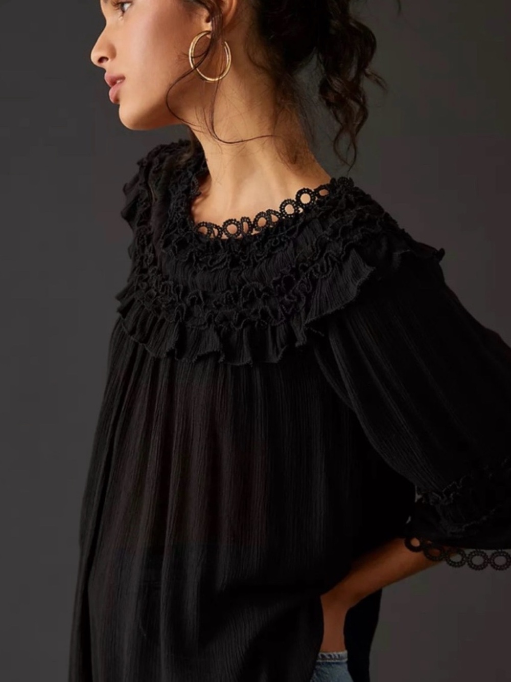 Anthropologie Black Ruffled Lace-Yoke Blouse - Picture 3 of 9